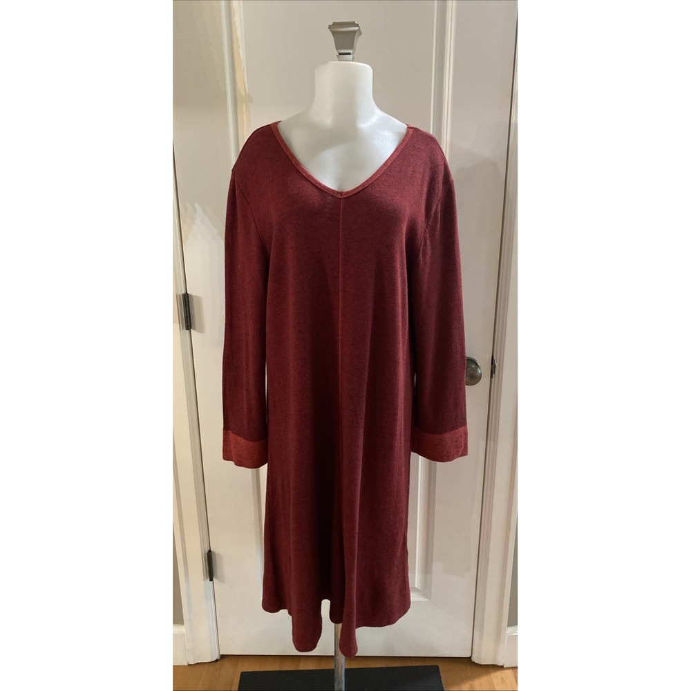 Habitat Midi Shift Dress Women's Size L Red Soft Long Sleeve Relaxed Lagenlook